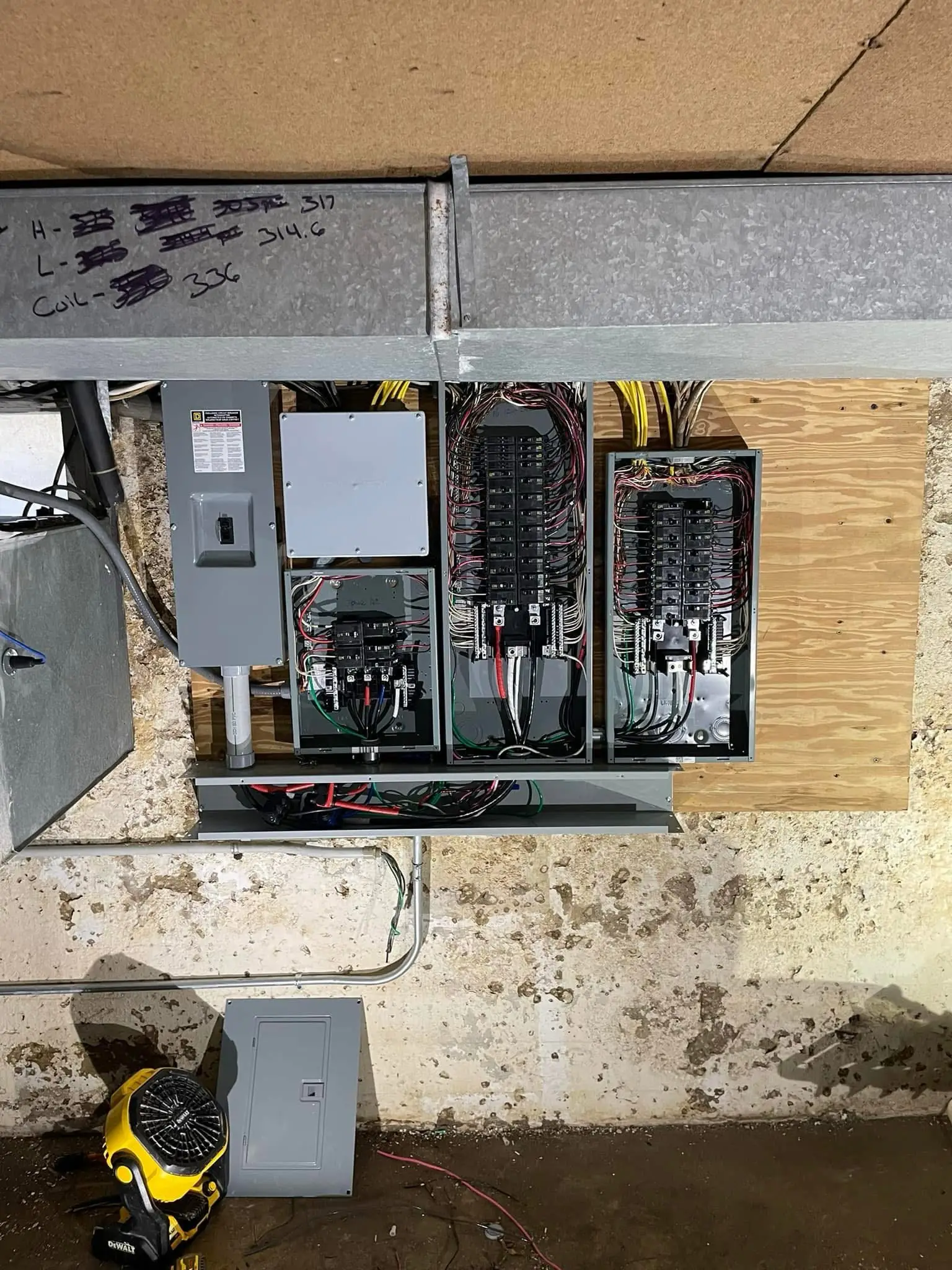 Commercial electrical work Commercial electrical panels and conduit mounted on a service wall
